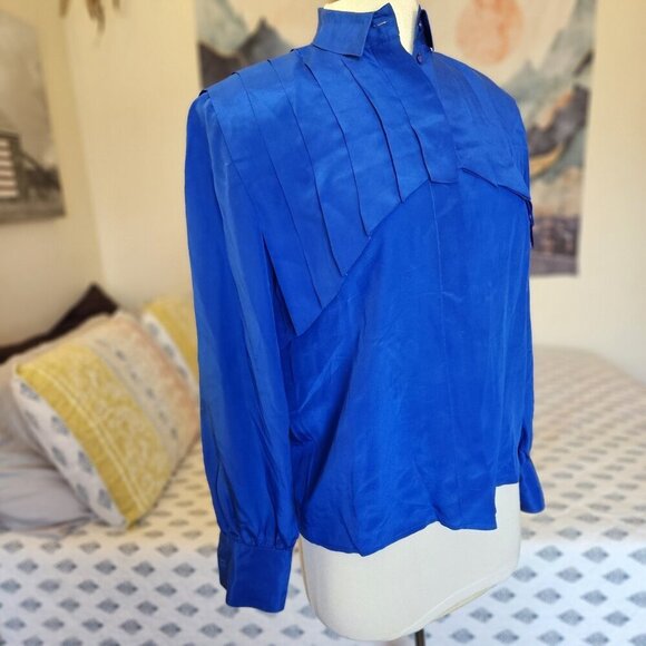 Francesca of Damon Starington Silk Blouse — Royal Blue, Pleated Front, Sz 6 - Picture 6 of 16